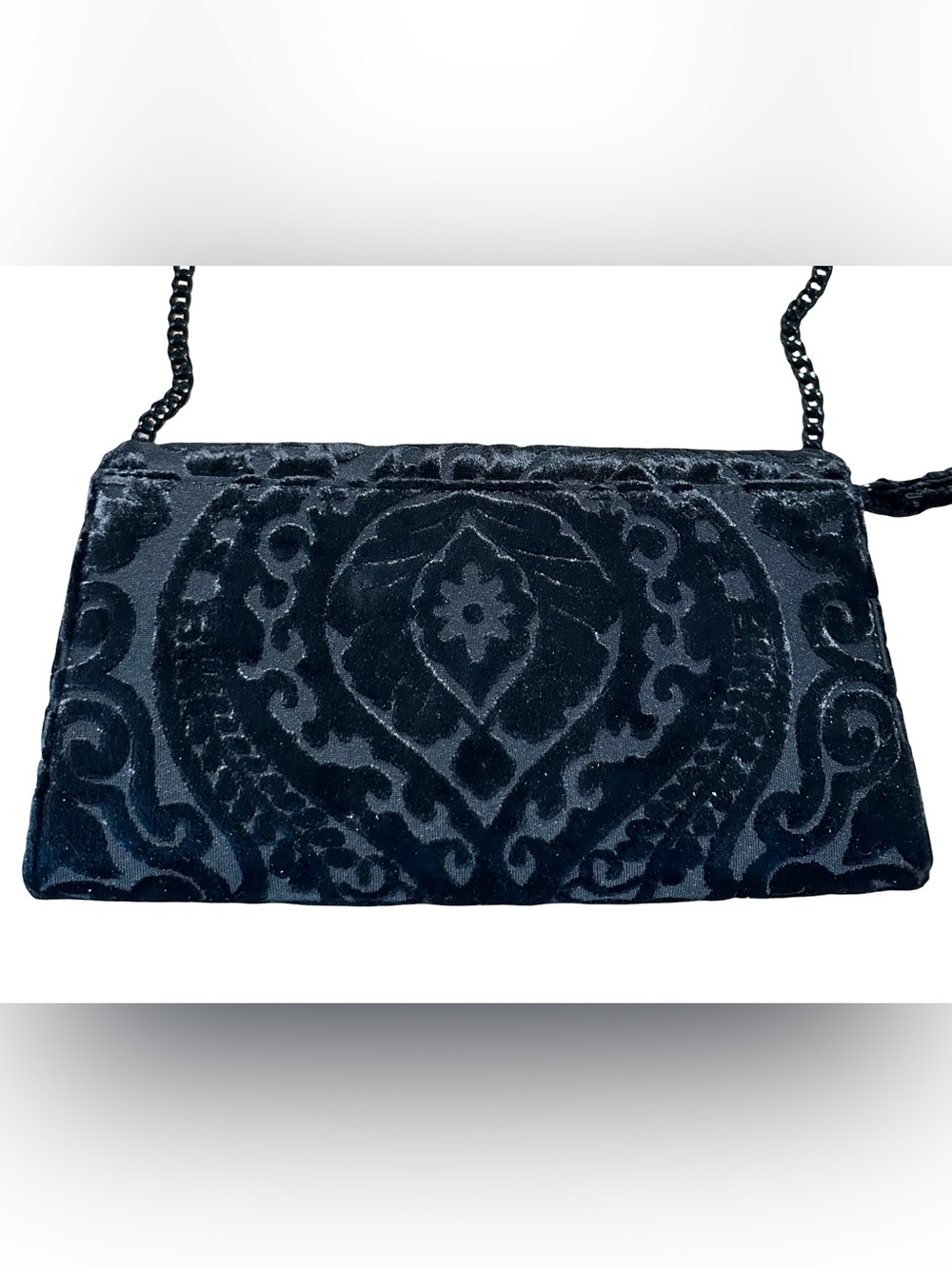 White House Black Market Black Velvet Snap Clutch with Metal Chain Baroque - Picture 2 of 10